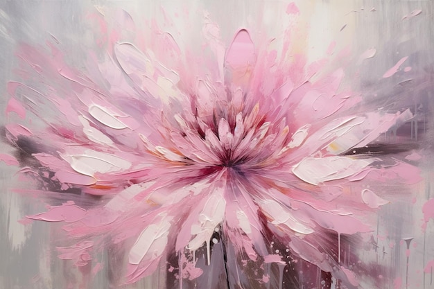 pintura de uma flor rosa com pétalas brancas em um fundo cinza