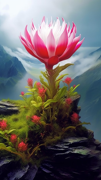 pintura de uma flor rosa em uma rocha com uma montanha ao fundo IA generativa