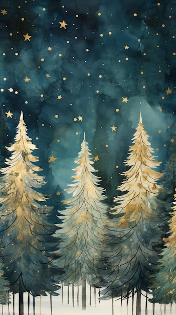 pintura de uma floresta coberta de neve com estrelas douradas e um céu azul generativo ai