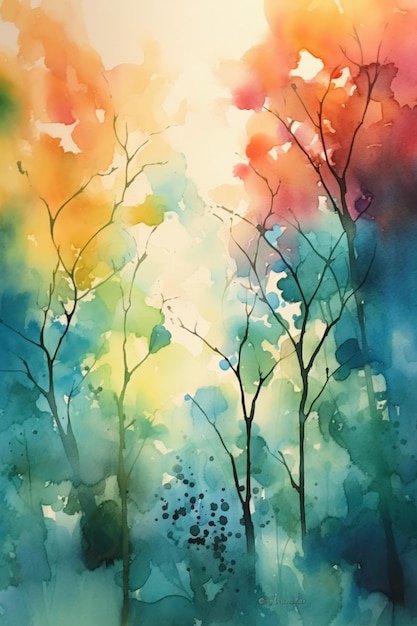 Pintura de uma floresta colorida com árvores e folhas generativas ai