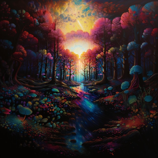 pintura de uma floresta colorida com um riacho correndo através dela generativo ai