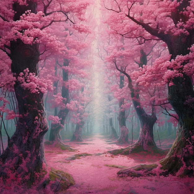 Pintura de uma floresta com cerejeiras rosa e uma árvore rosa e um caminho no meio