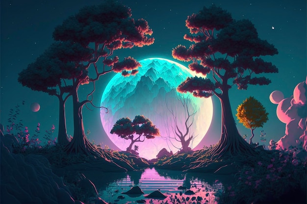 Pintura de uma floresta com lua cheia ao fundo generative ai