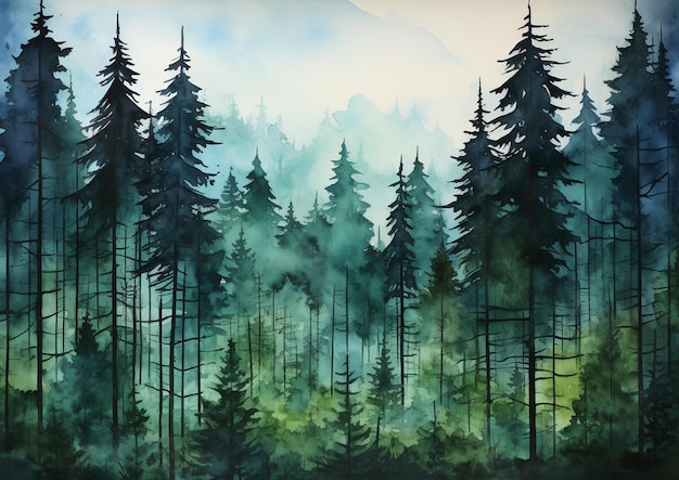 pintura de uma floresta com uma montanha no fundo generativo ai