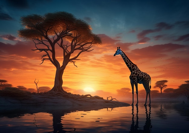 pintura de uma girafa em frente a uma árvore ao pôr do sol generativa ai