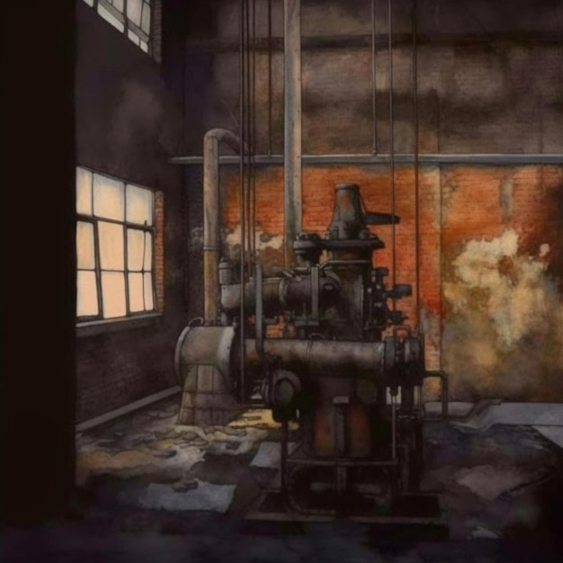 Pintura de uma grande máquina industrial num edifício com uma janela generativa ai