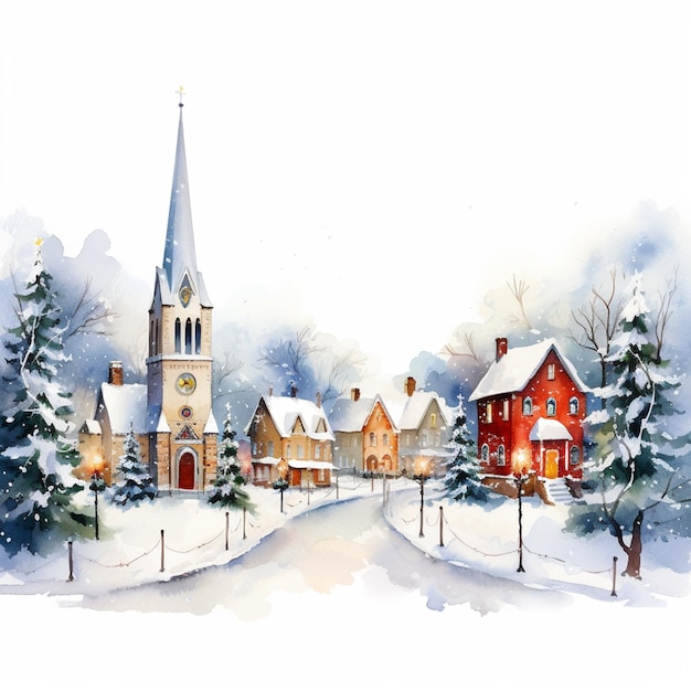 pintura de uma igreja em uma aldeia coberta de neve com uma torre de relógio generativa ai