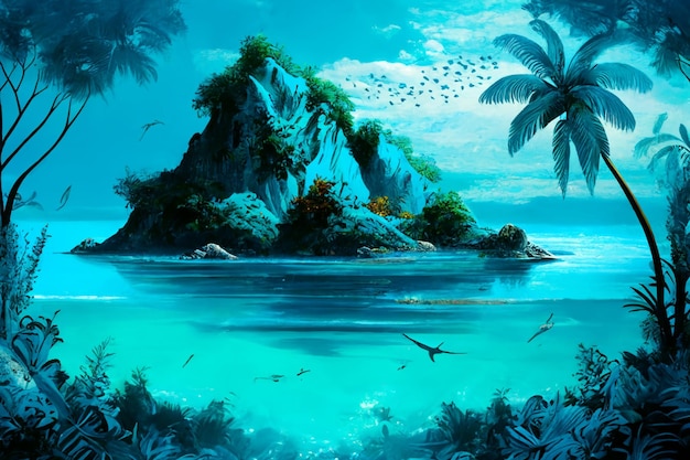 Pintura de uma ilha tropical com cachoeira e pássaros voando ao redor de ai generativo