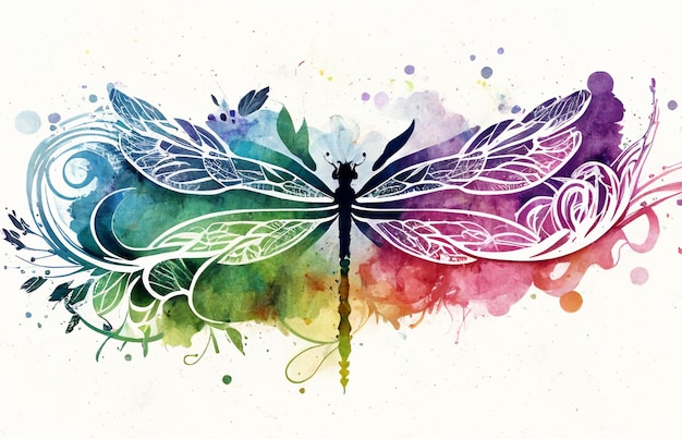 pintura de uma libélula com fundo aquarela e um toque de tinta generativa ai