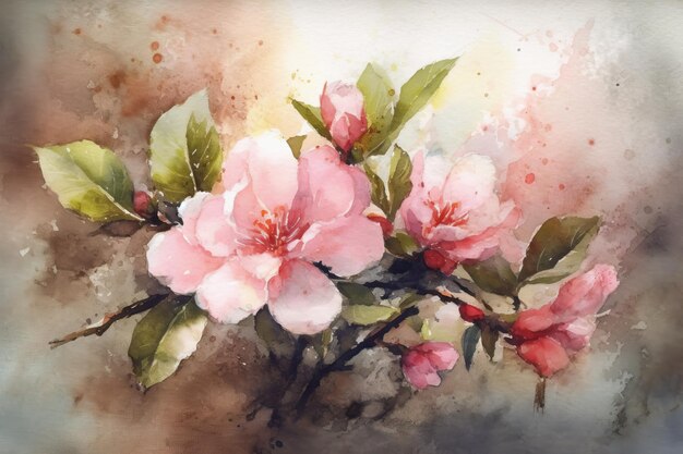 Pintura de uma linda flor rosa em aquarela