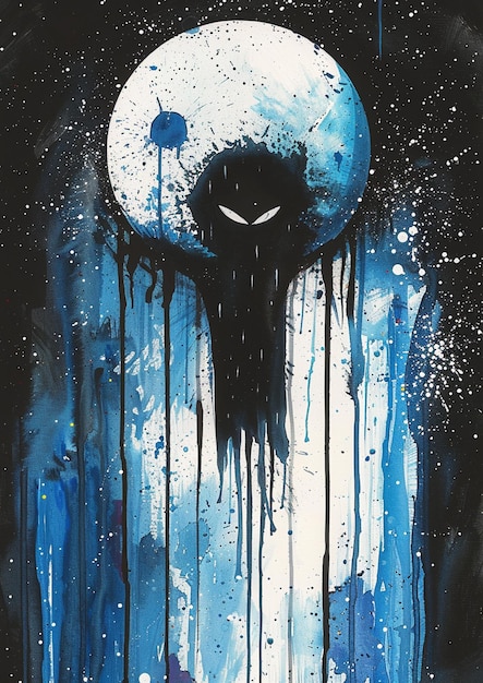 pintura de uma lua azul com um rosto preto e um olho preto generativo ai