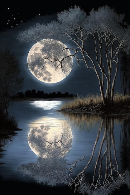 Pintura de uma lua cheia refletindo na água generativa ai