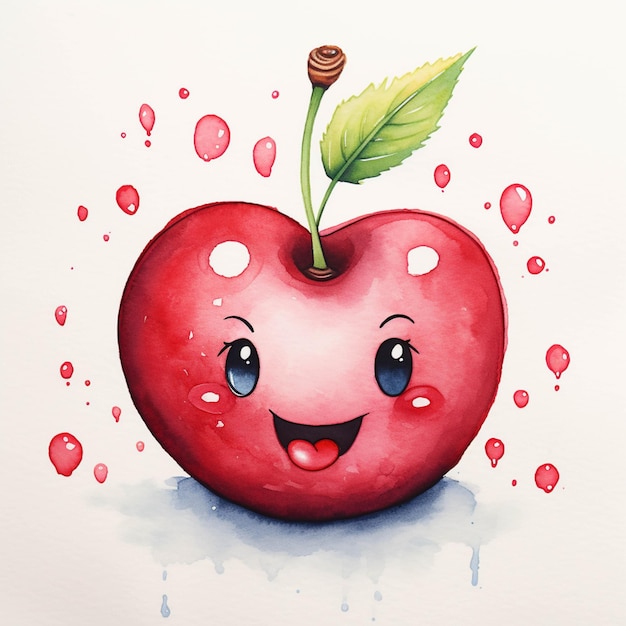 Pintura de uma maçã vermelha com uma folha verde e um rosto sorridente generativo ai