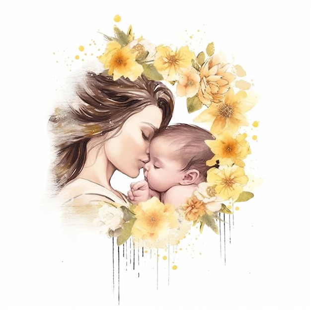 Pintura de uma mãe e bebê com flores ao fundo generative ai