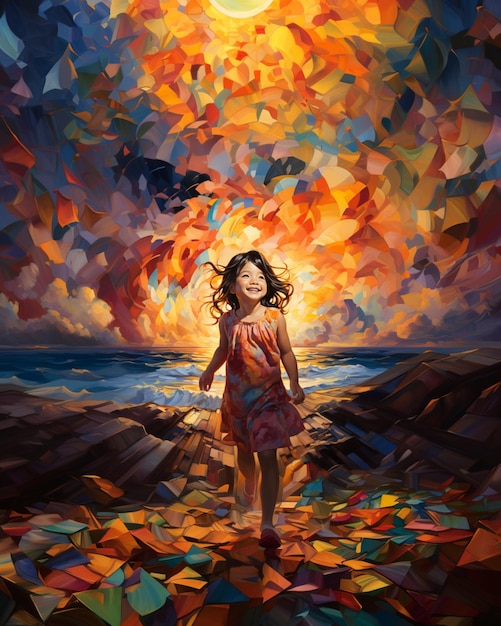 pintura de uma menina caminhando em uma praia com um pôr-do-sol no fundo generativo ai