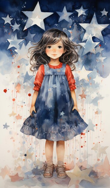 pintura de uma menina com estrelas e um vestido em generativo ai