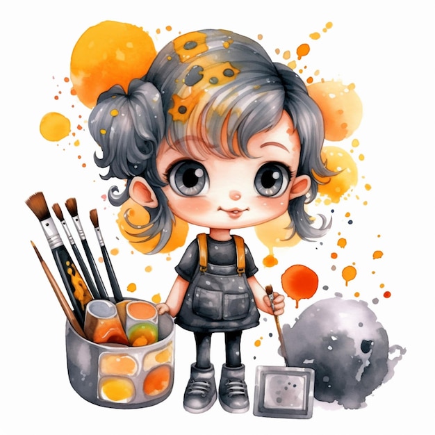 Pintura de uma menina com um pincel e um balde de tinta generativa ai