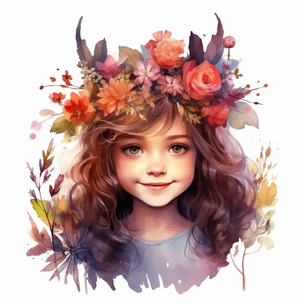pintura de uma menina com uma coroa de flores na cabeça generativa ai