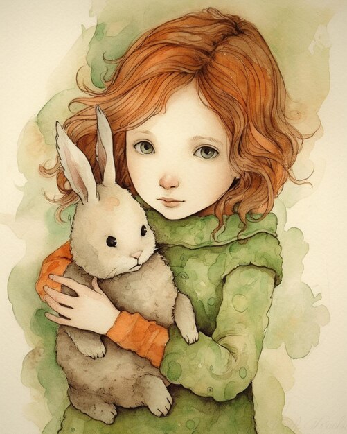 Foto pintura de uma menina segurando um coelho em seus braços generativo ai