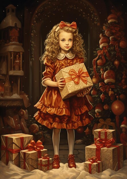 pintura de uma menina segurando um presente na frente de uma árvore de Natal generativa ai