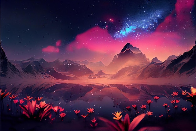 Pintura de uma montanha com flores em primeiro plano Generative Ai