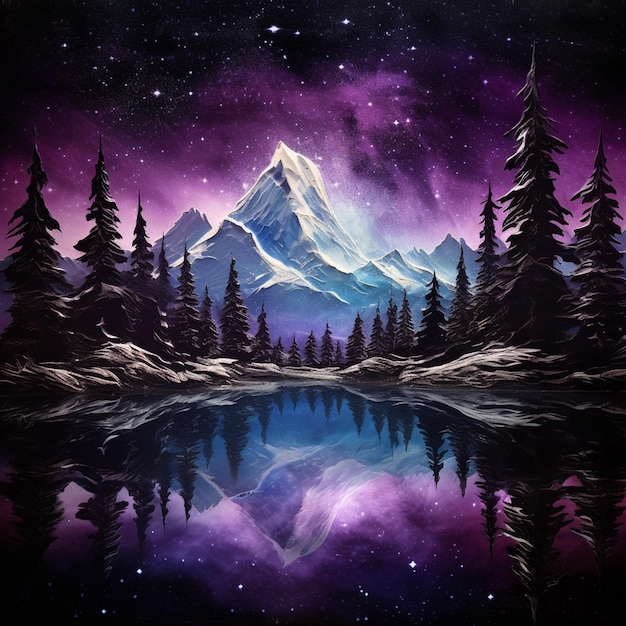 pintura de uma montanha com um lago e árvores em primeiro plano IA generativa