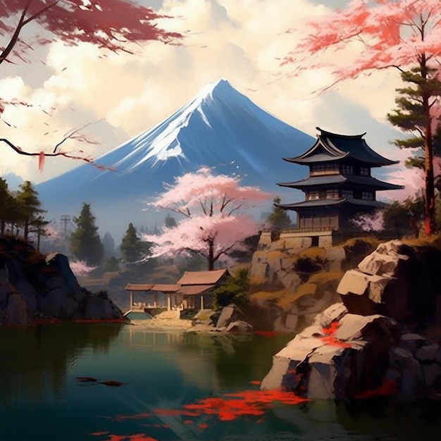 pintura de uma montanha com um pagode e um lago em frente a ele generativo ai