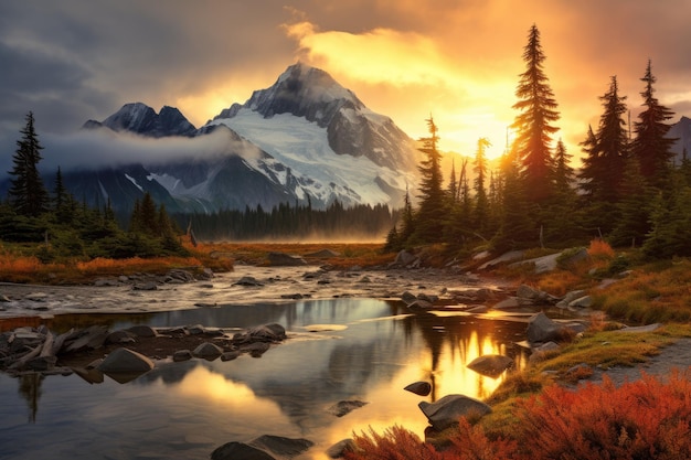Pintura de uma montanha com um rio fluindo através dela View from Picture Lake of Mount Shuksan enquanto o nascer do sol rompe uma tempestade que está chegando durante a temporada de outono AI Gerado