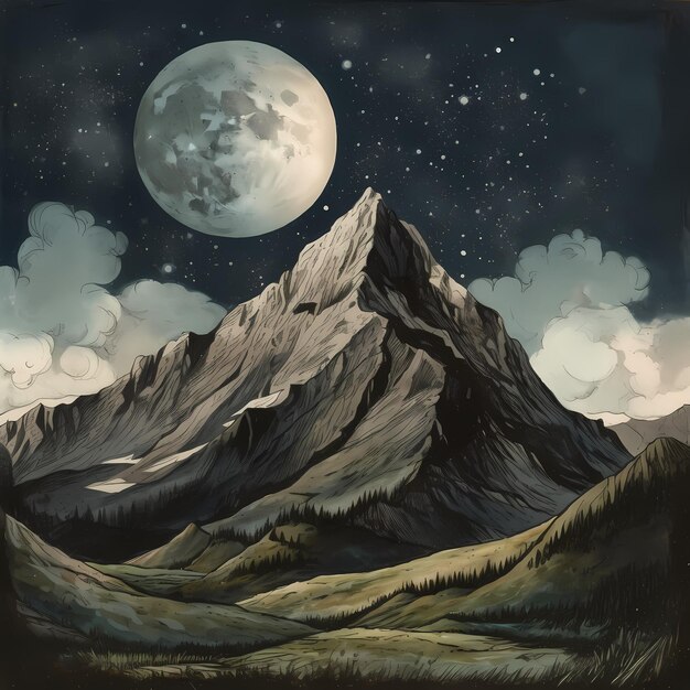 Pintura de uma montanha com uma meia-lua e estrelas