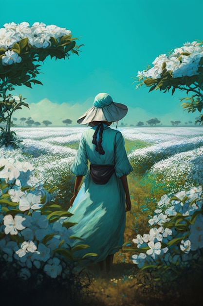 Pintura de uma mulher caminhando por um campo de flores generativo ai