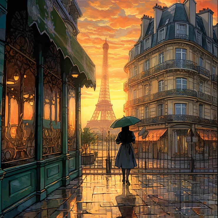 Foto pintura de uma mulher caminhando por uma rua com um guarda-chuva generativo ai
