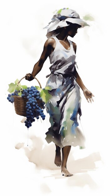 Foto pintura de uma mulher carregando um cesto de uvas e um cesso de uvas generativo ai