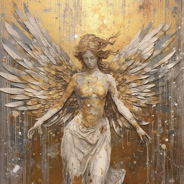 pintura de uma mulher com asas em um fundo dourado ai generativa