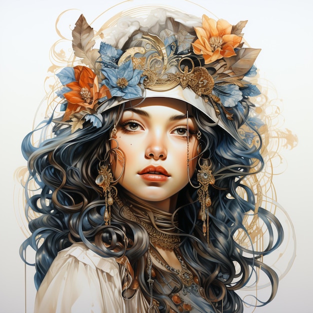pintura de uma mulher com cabelo azul e um chapéu branco generativo ai