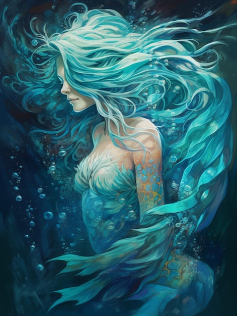 Pintura de uma mulher com cabelo azul e uma cauda de sereia generativa ai