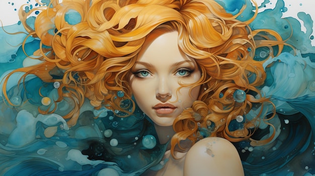 pintura de uma mulher com cabelo laranja e olhos azuis em água generativa ai