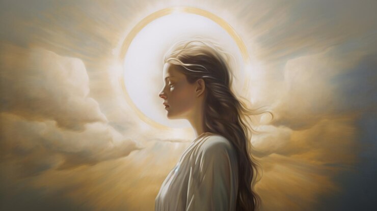 Foto pintura de uma mulher com cabelo longo e um halo no céu generativo ai