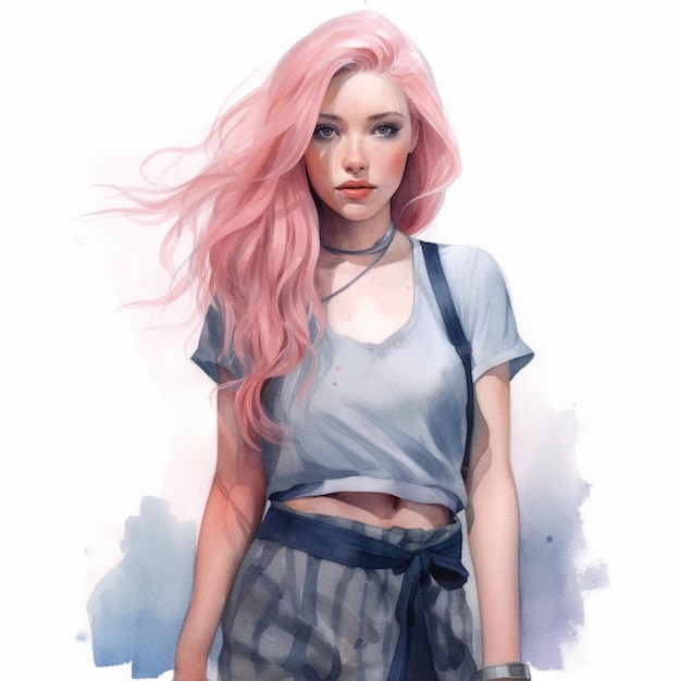 pintura de uma mulher com cabelo rosa e top cinza generativo ai