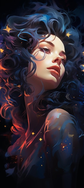 pintura de uma mulher com cabelos longos e estrelas no cabelo generativa ai