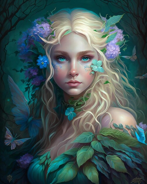 pintura de uma mulher com flores e borboletas no cabelo generativ ai