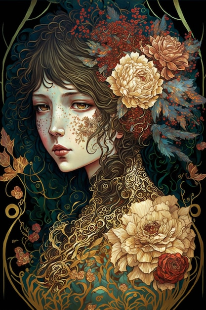 Pintura de uma mulher com flores em seu cabelo generativo ai