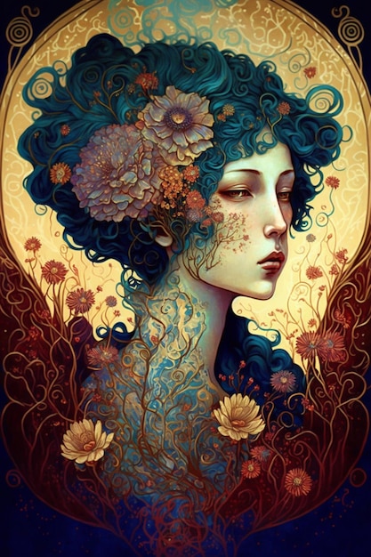 Pintura de uma mulher com flores em seu cabelo generativo ai