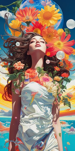 pintura de uma mulher com flores no cabelo e um fundo de céu ai generativo