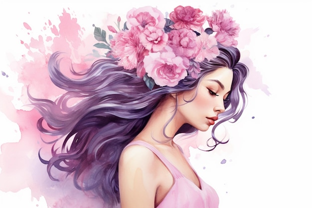 pintura de uma mulher com flores no cabelo generativa ai