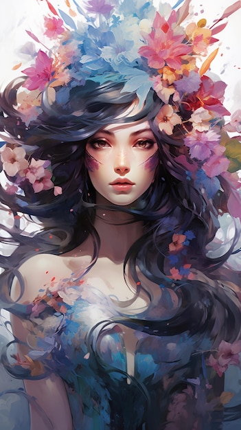 pintura de uma mulher com flores no cabelo generativa ai