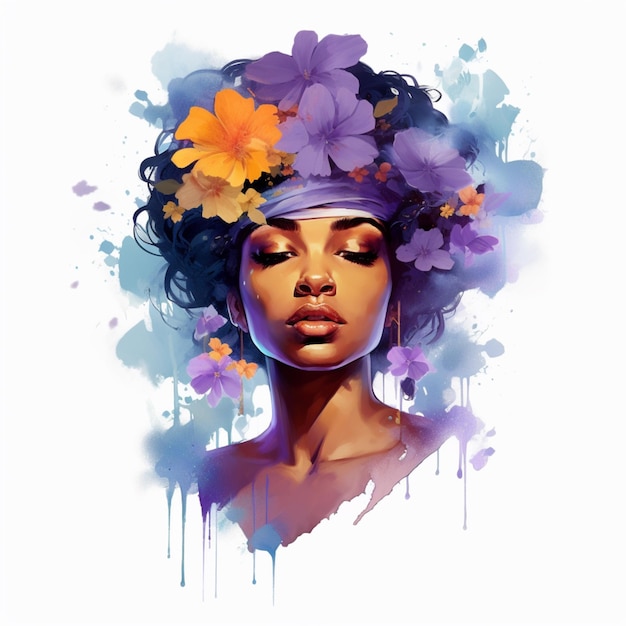 pintura de uma mulher com flores no cabelo generativa ai