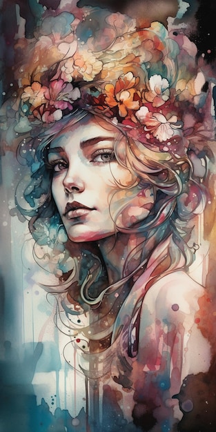 pintura de uma mulher com flores no cabelo generativa ai