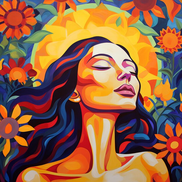 Pintura de uma mulher com girassóis e flores no fundo