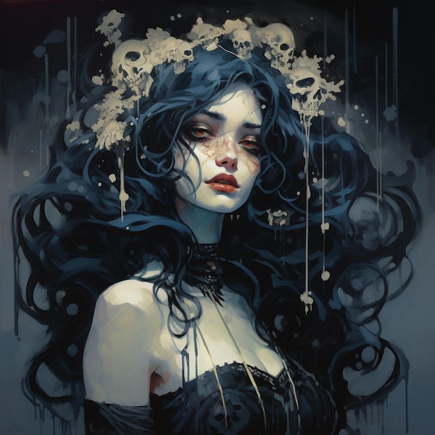 pintura de uma mulher com longos cabelos negros e uma coroa de flores generativa ai