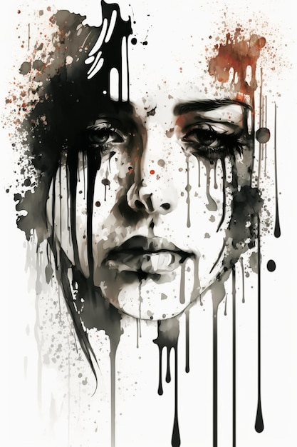 Pintura de uma mulher com sangue escorrendo pelo rosto generative ai